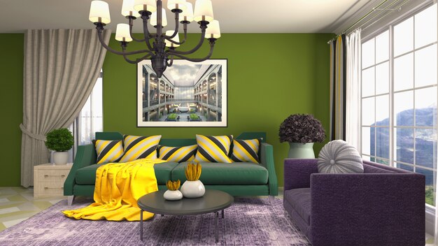 Зеленый ковер в интерьере гостиной комнаты