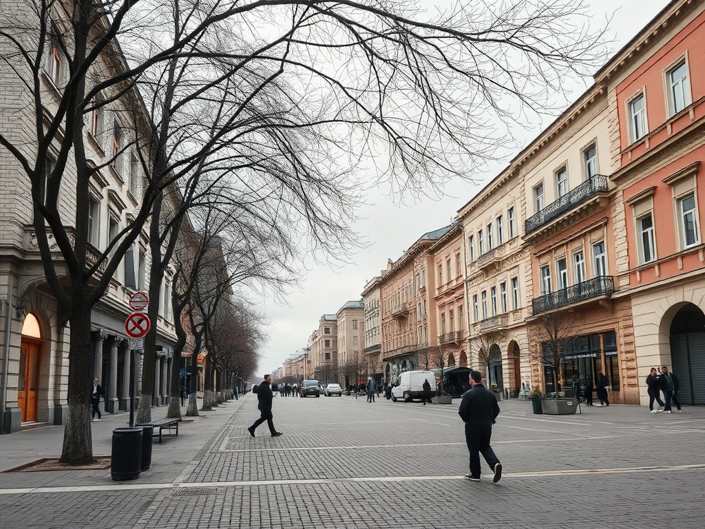 Улица с зданиями в ярких фасадах, деревьями без листвы и прохожими на сером небе.