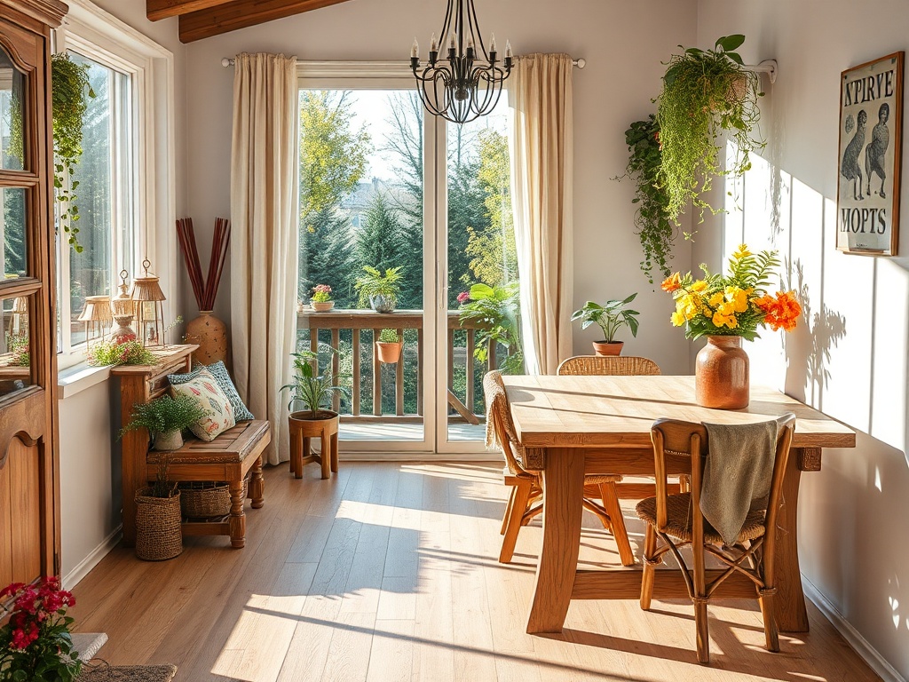 Светлая кухня с деревянным столом, стульями и зелеными растениями у окон, создающими уютную атмосферу.