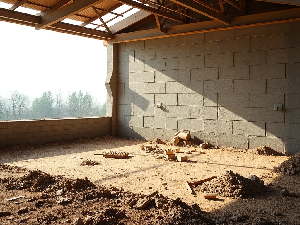 Пустое строительное помещение с грязным полом и грудами земли. Свет проникает через открытые окна.