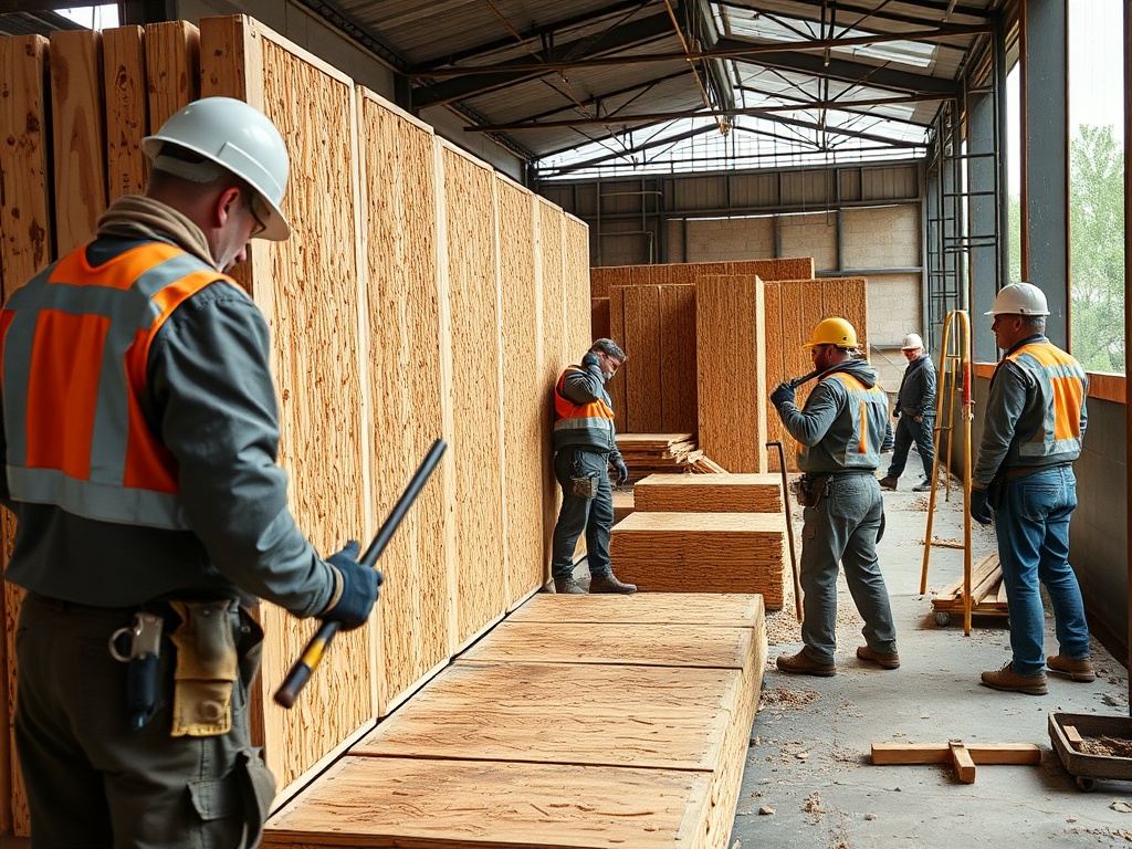 Рабочие в касках и жилетах заняты строительством в помещении с деревянными панелями и инструментами.