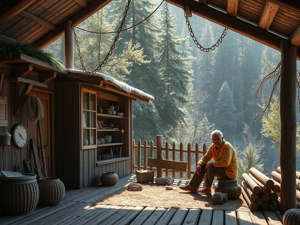 На фоне леса сидит пожилой человек в желтом свитере, окруженный природой и деревянной постройкой.