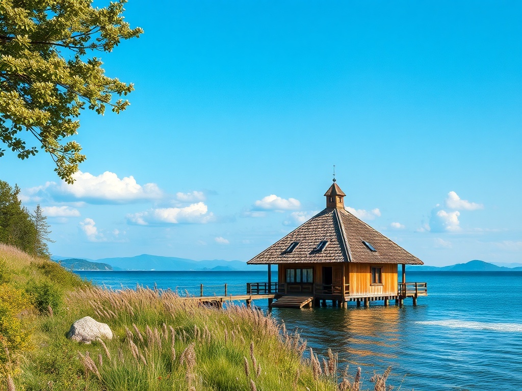 Уютный деревянный дом на берегу tranquil озера под ясным голубым небом. Живописный пейзаж и зелень вокруг.