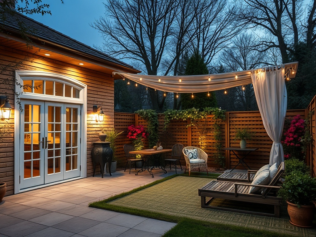 Уютная терраса с мягким освещением, мебелью и растениями, создающая атмосферу спокойствия вечером.