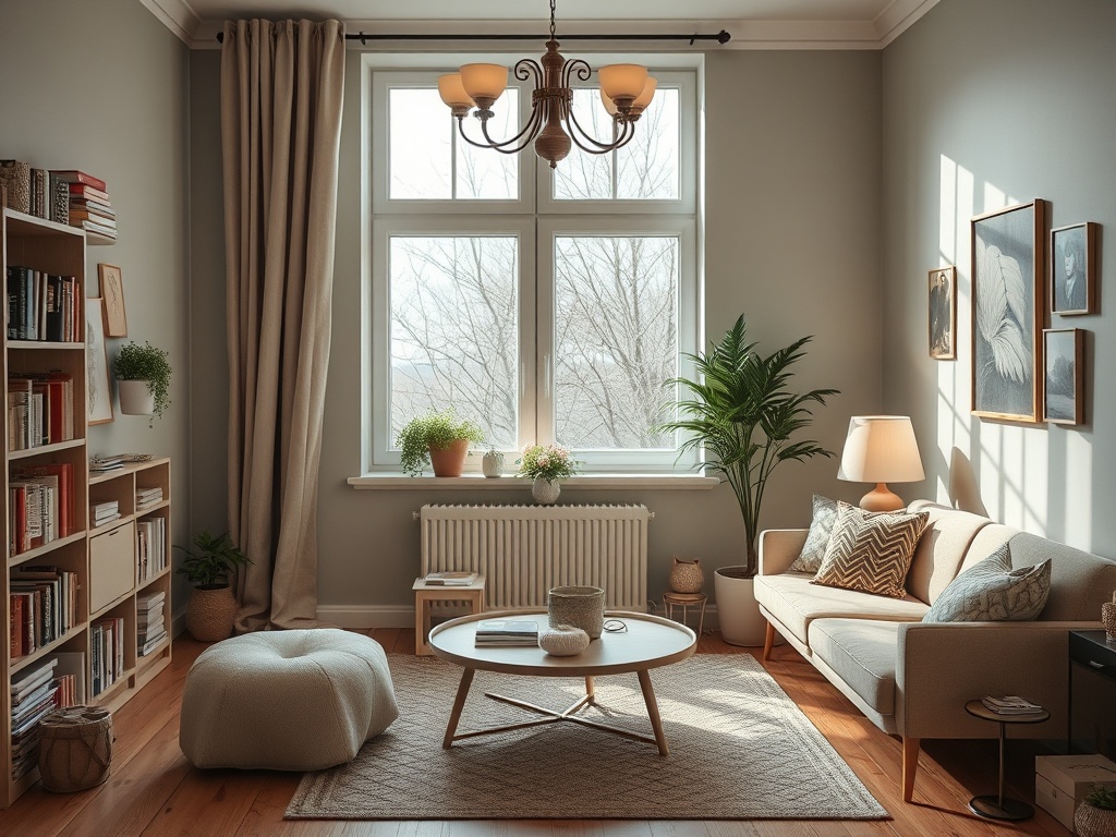 Светлая и уютная гостиная с растениями, мягкой мебелью и книгами на полках, наполненная солнечным светом.