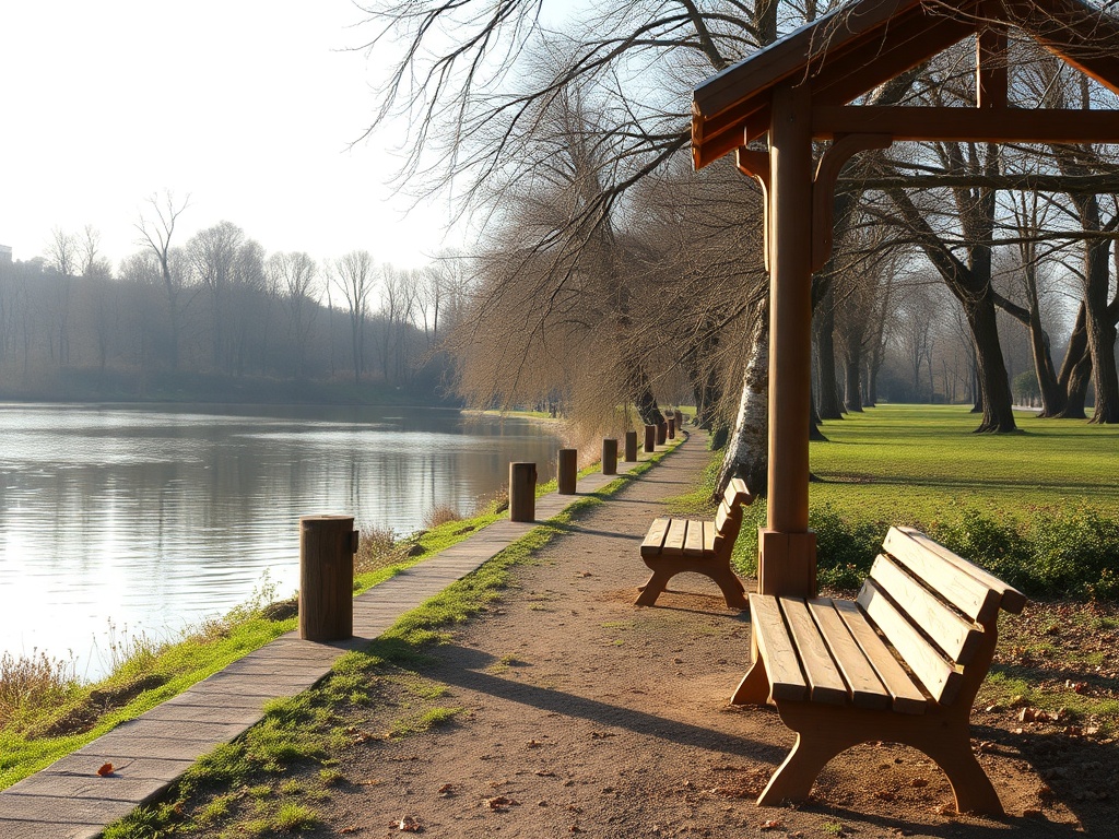 Парковая аллея вдоль реки, с скамейками и деревьями, освещенная утренним солнцем. Спокойная и умиротворяющая атмосфера.