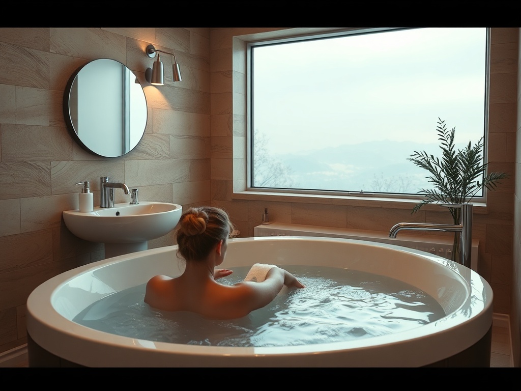 Женщина расслабляется в ванне с водой, наслаждаясь видом на горы из окна. Современный интерьер ванной комнаты.