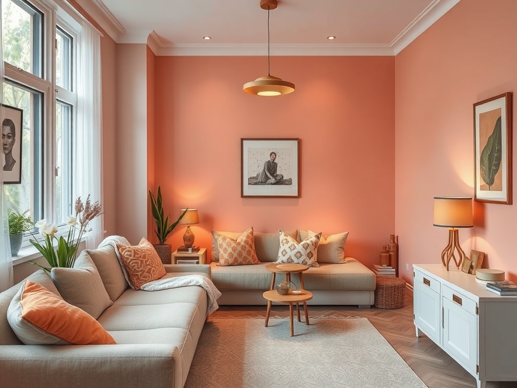 Современная гостиная в теплых персиковых тонах, уютный диван и стильные детали декора.