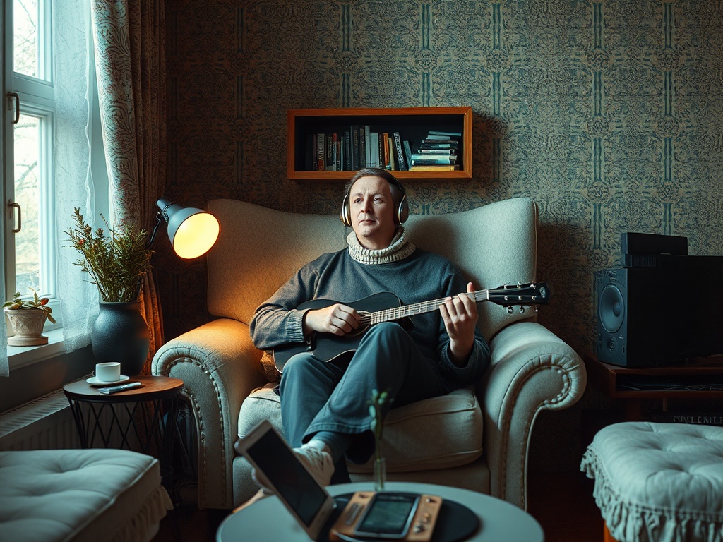 Человек в наушниках играет на гитаре в уютной комнате с книжным шкафом и растениями.