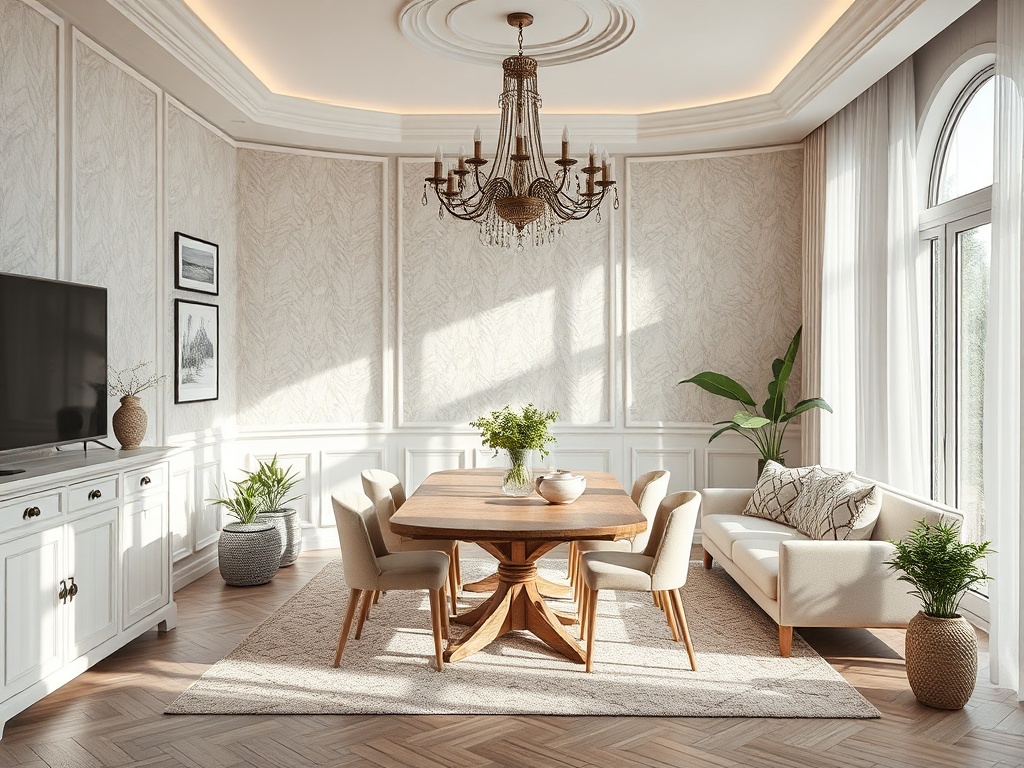 Светлая и уютная гостиная с обеденным столом, мягким диваном и современным декором.