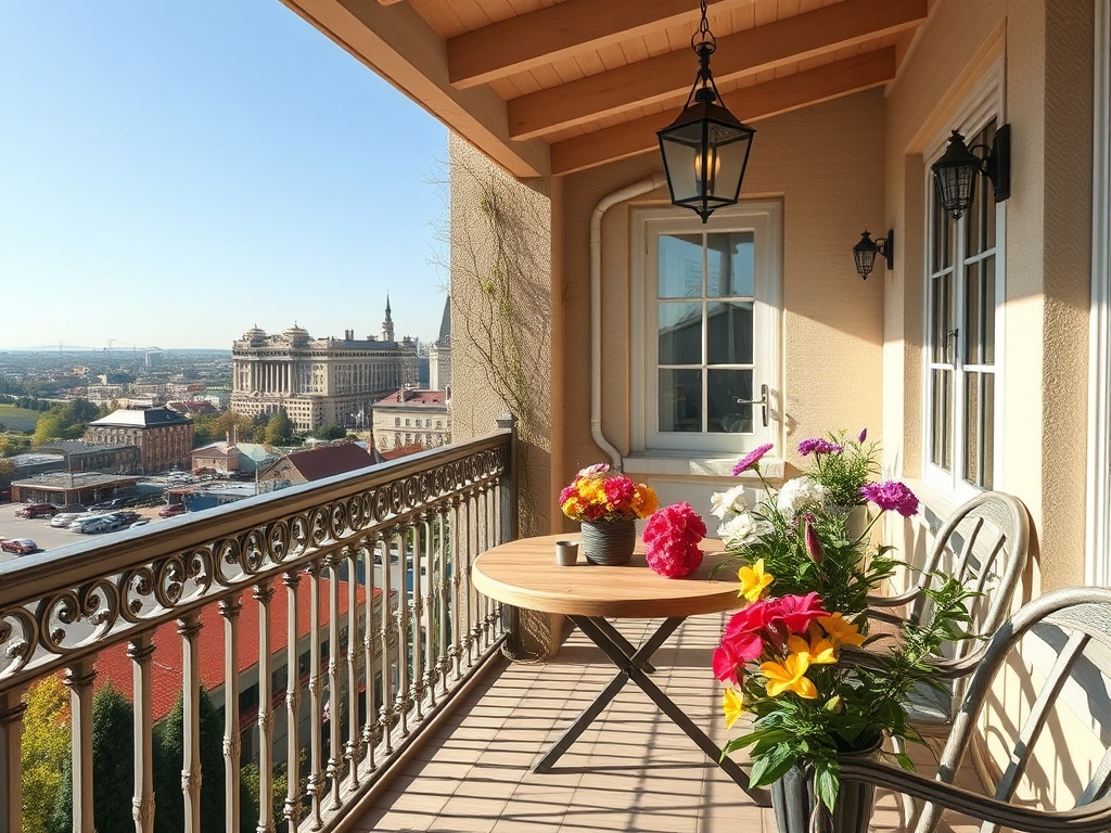 Балкон с цветами, столом и стульями, с видом на город и небоскребы на фоне ясного неба.