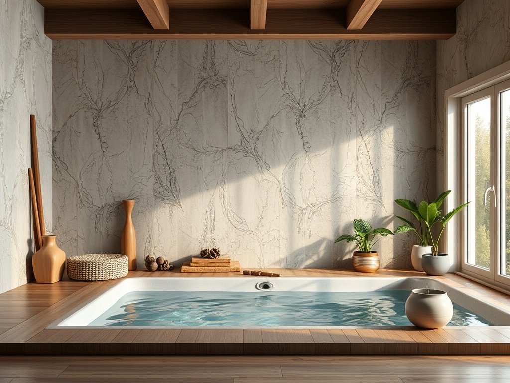 Современная ванная комната с акриловой ванной, деревянными элементами и зелеными растениями. Светлое и уютное пространство.