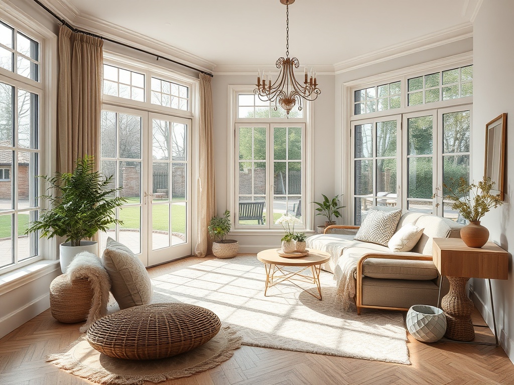 Светлая гостиная с большими окнами, мягкой мебелью и зелеными растениями в уютной обстановке.