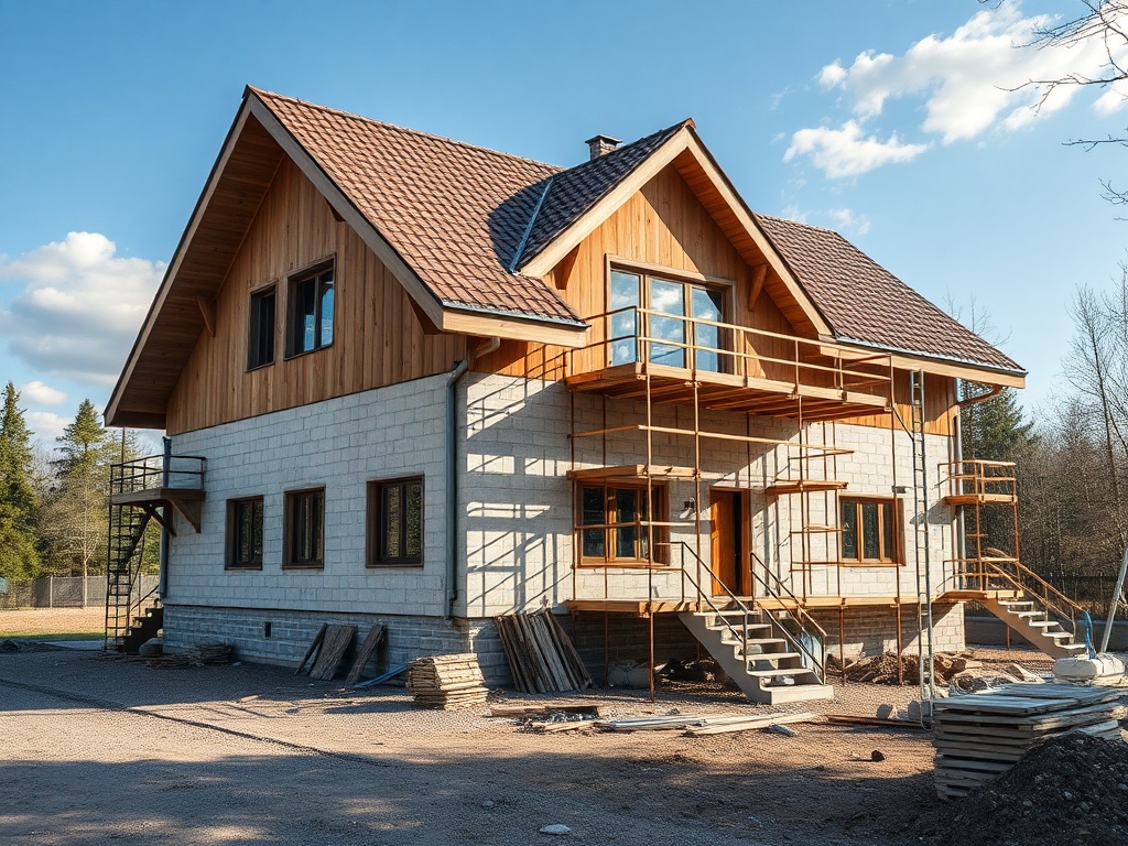 Строящийся дом с деревянным фасадом и перекрытиями, окружённый стройматериалами. Ясный день с облаками.