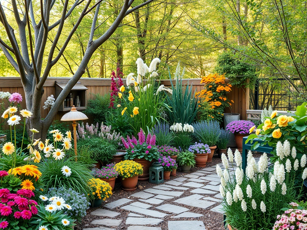 Сад с яркими цветами, зелеными растениями и каменной дорожкой, окружённый зелёными деревьями.
