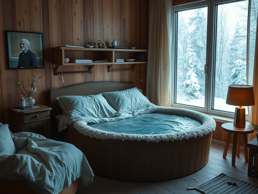 Уютная спальня с круглой кроватью, зимний пейзаж за окном и мягким светом настольной лампы.