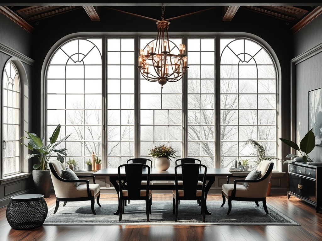 Светлая гостиная с большими окнами, элегантной мебелью и растениями, создающими уютную атмосферу.