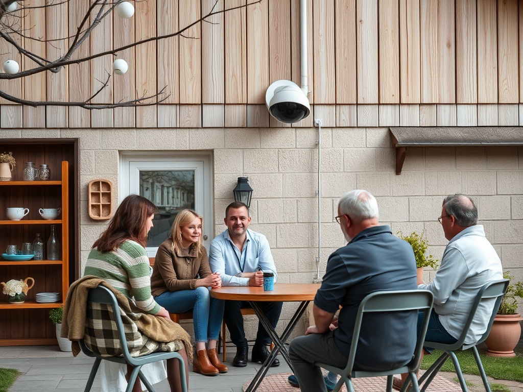 Группа людей сидит за столом на улице, общаясь в приятной обстановке около дома.