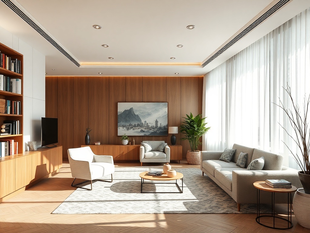 Современная гостиная с деревянными стенами, уютной мебелью и большими окнами, наполненная светом.