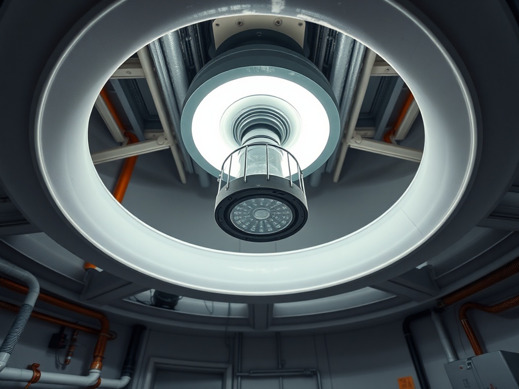 Светильник с круглыми лампами висит под потолком в помещении со сложной проводкой и трубами.