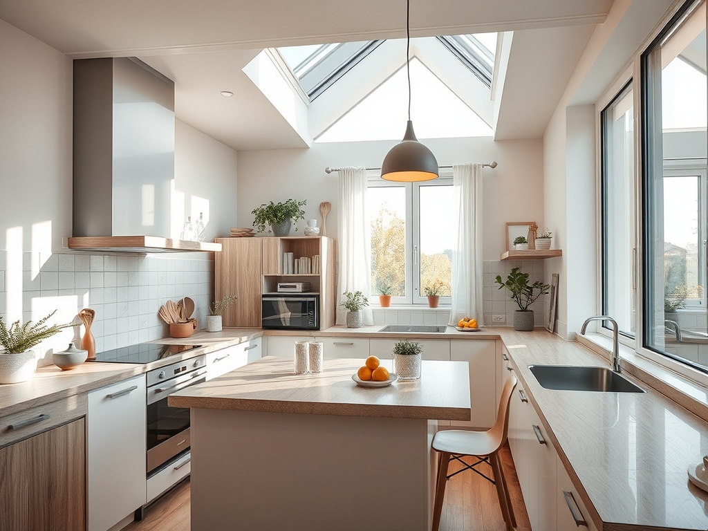 Современная кухня с деревянными элементами, большим окном и ярким освещением, украшенная растениями и фруктами.