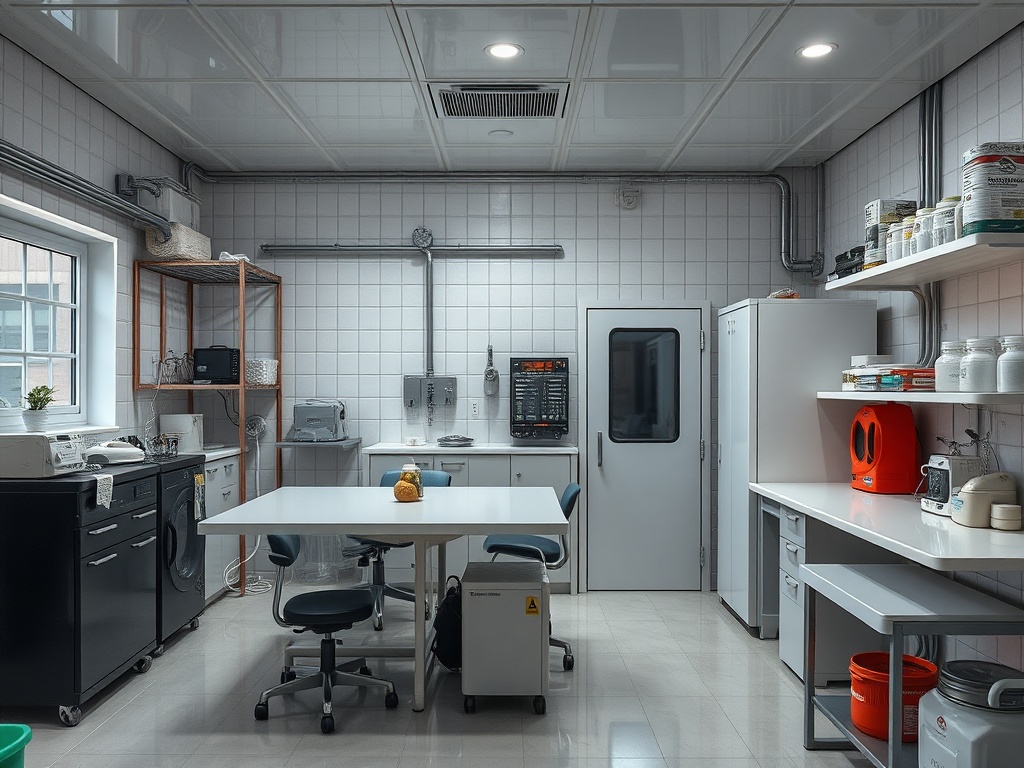 Современная кухня с белыми плитками, столом и различной техникой, включая холодильник и микроволновую печь.