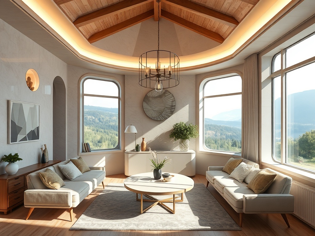 Современная гостиная с большими окнами и видом на природу, уютные диваны и стильный светильник.
